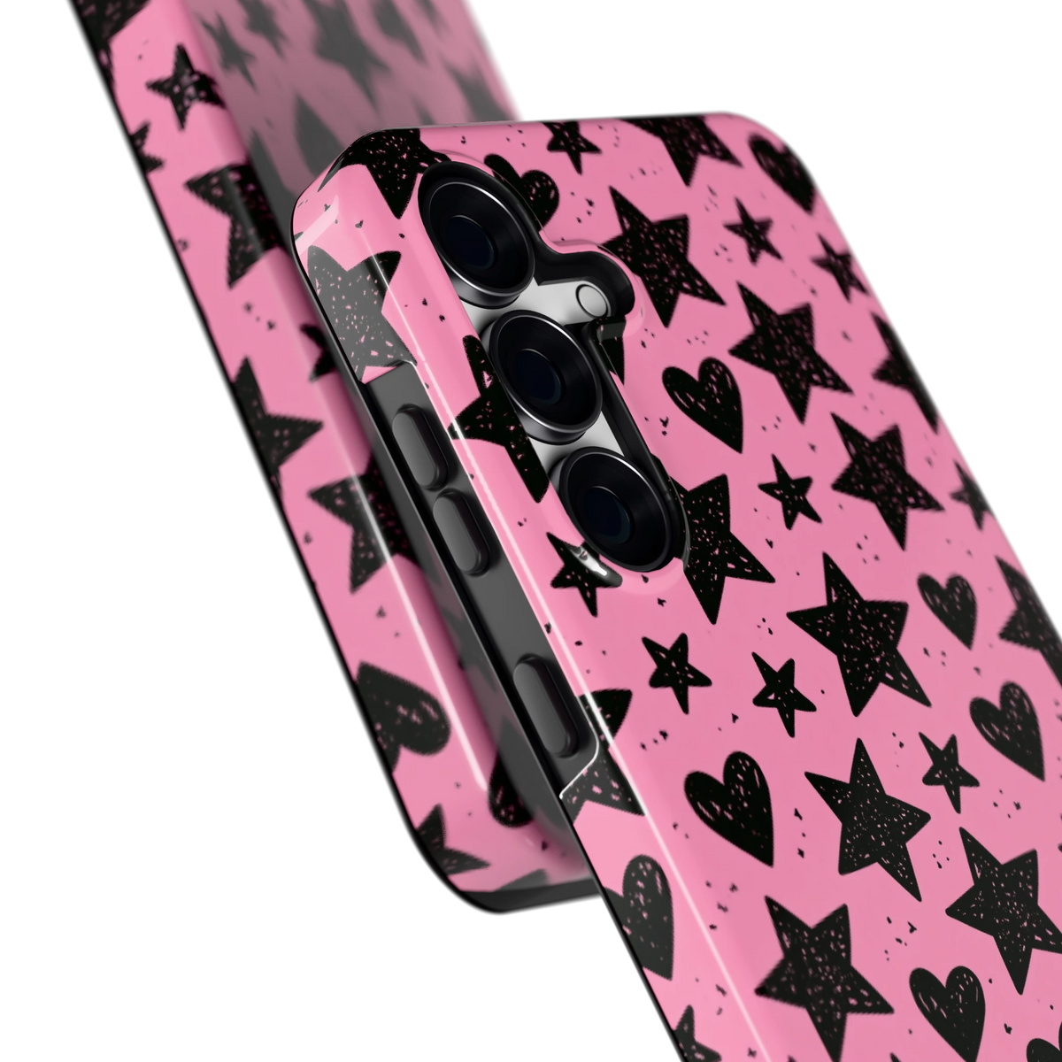 Zwarte sterren en hartjes hoesje voor Galaxy S25 FE, close-up