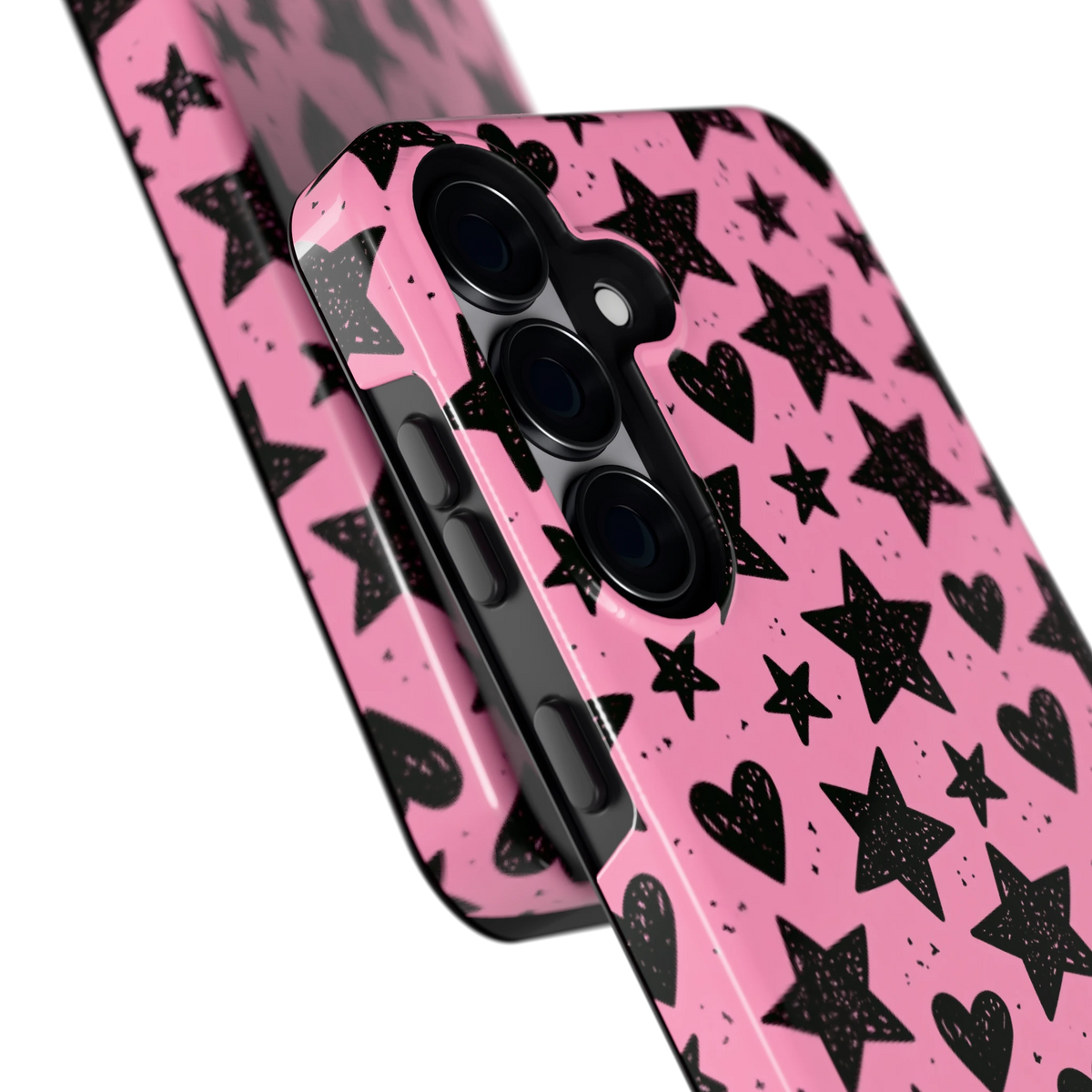 Zwarte sterren en hartjes hoesje voor Galaxy S25, close-up