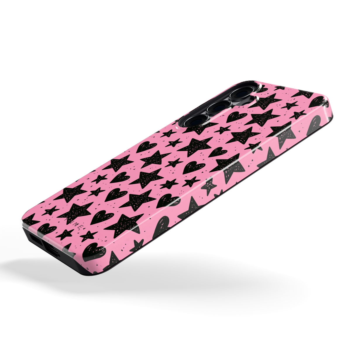 Zwarte sterren en hartjes hoesje voor Galaxy S25+, schuin