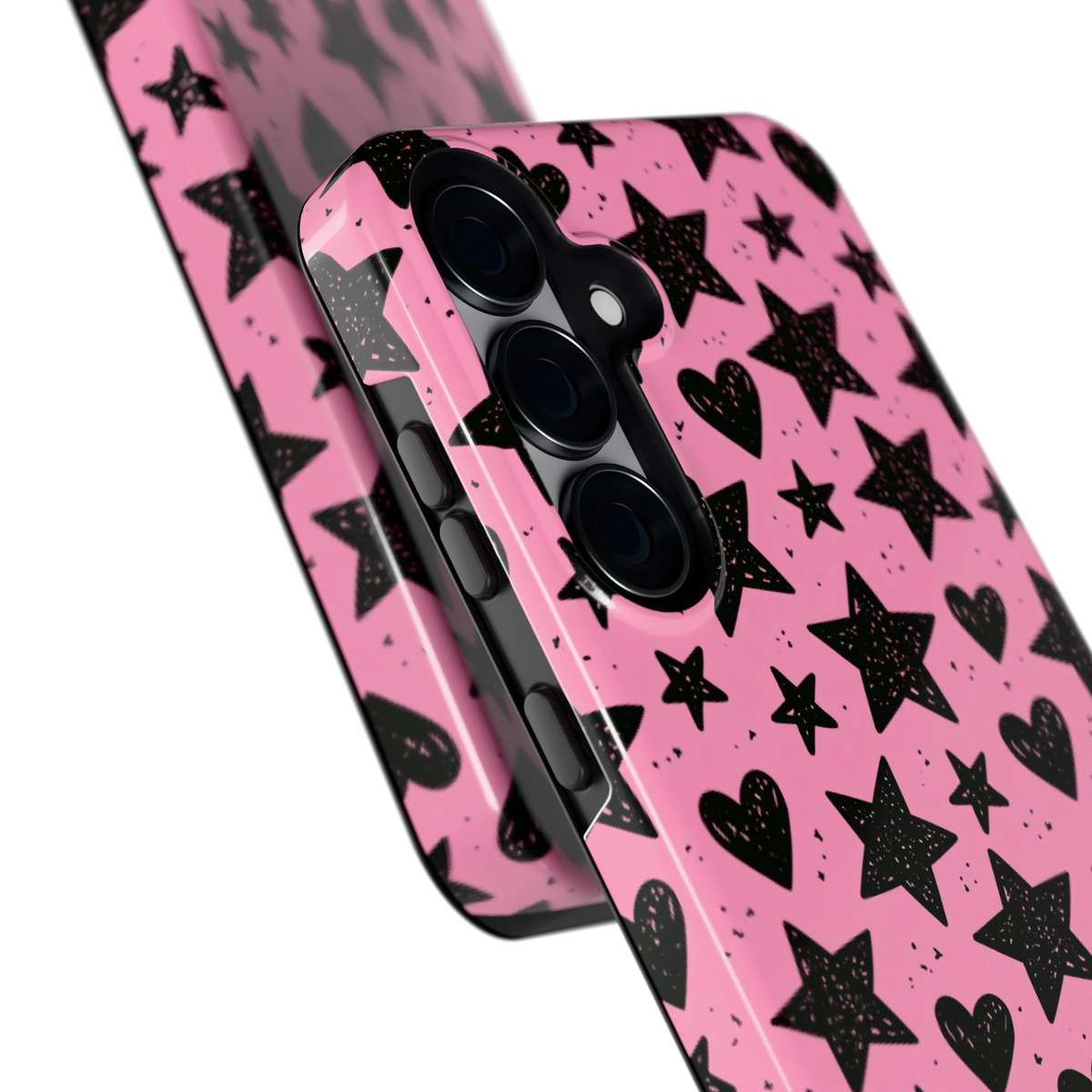 Zwarte sterren en hartjes hoesje voor Galaxy S25+, close-up