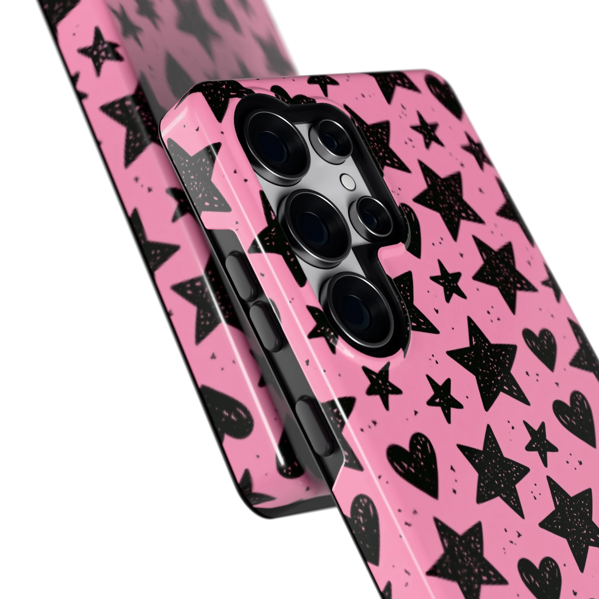 Zwarte sterren en hartjes hoesje voor Galaxy S25 Ultra, close-up