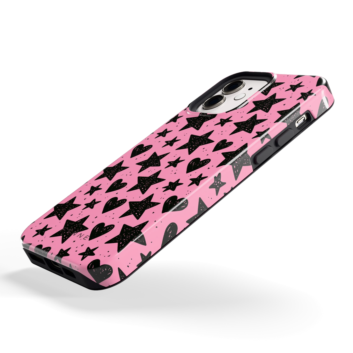 Zwarte sterren en hartjes hoesje voor iPhone 12, schuin