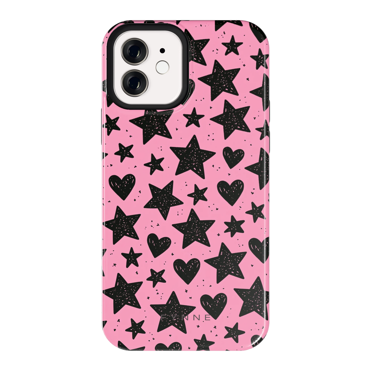 Zwarte sterren en hartjes hoesje voor iPhone 12, achterkant