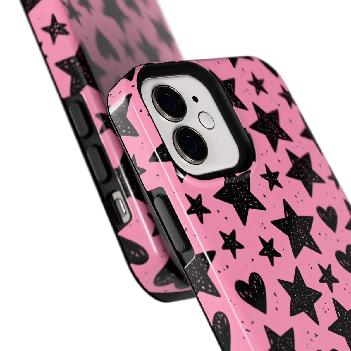 Zwarte sterren en hartjes hoesje voor iPhone 12, close-up