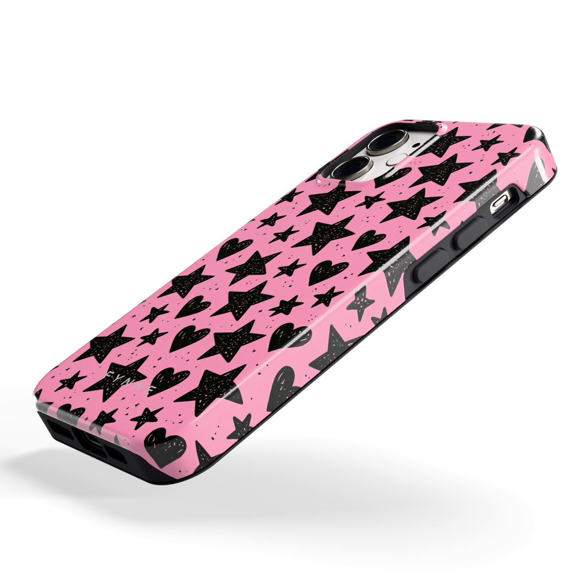 Zwarte sterren en hartjes hoesje voor iPhone 12 mini, schuin