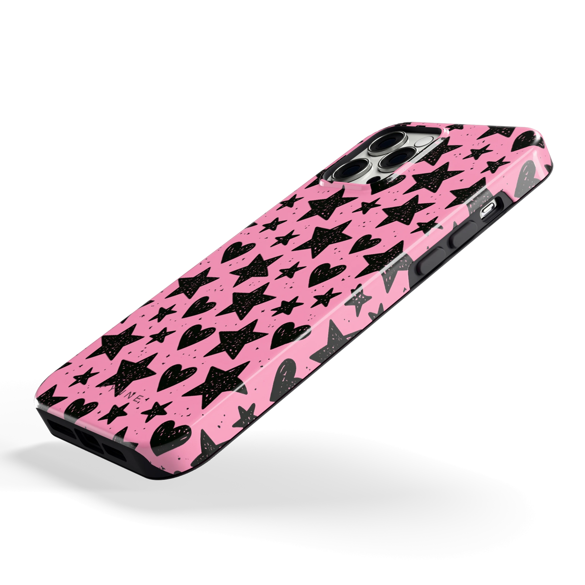 Zwarte sterren en hartjes hoesje voor iPhone 12 Pro Max, schuin