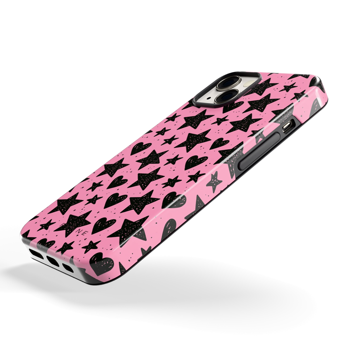 Zwarte sterren en hartjes hoesje voor iPhone 13, schuin