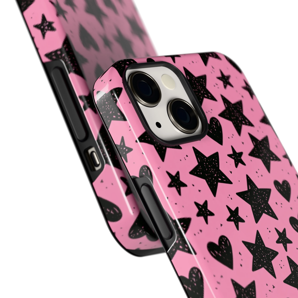 Zwarte sterren en hartjes hoesje voor iPhone 13, close-up