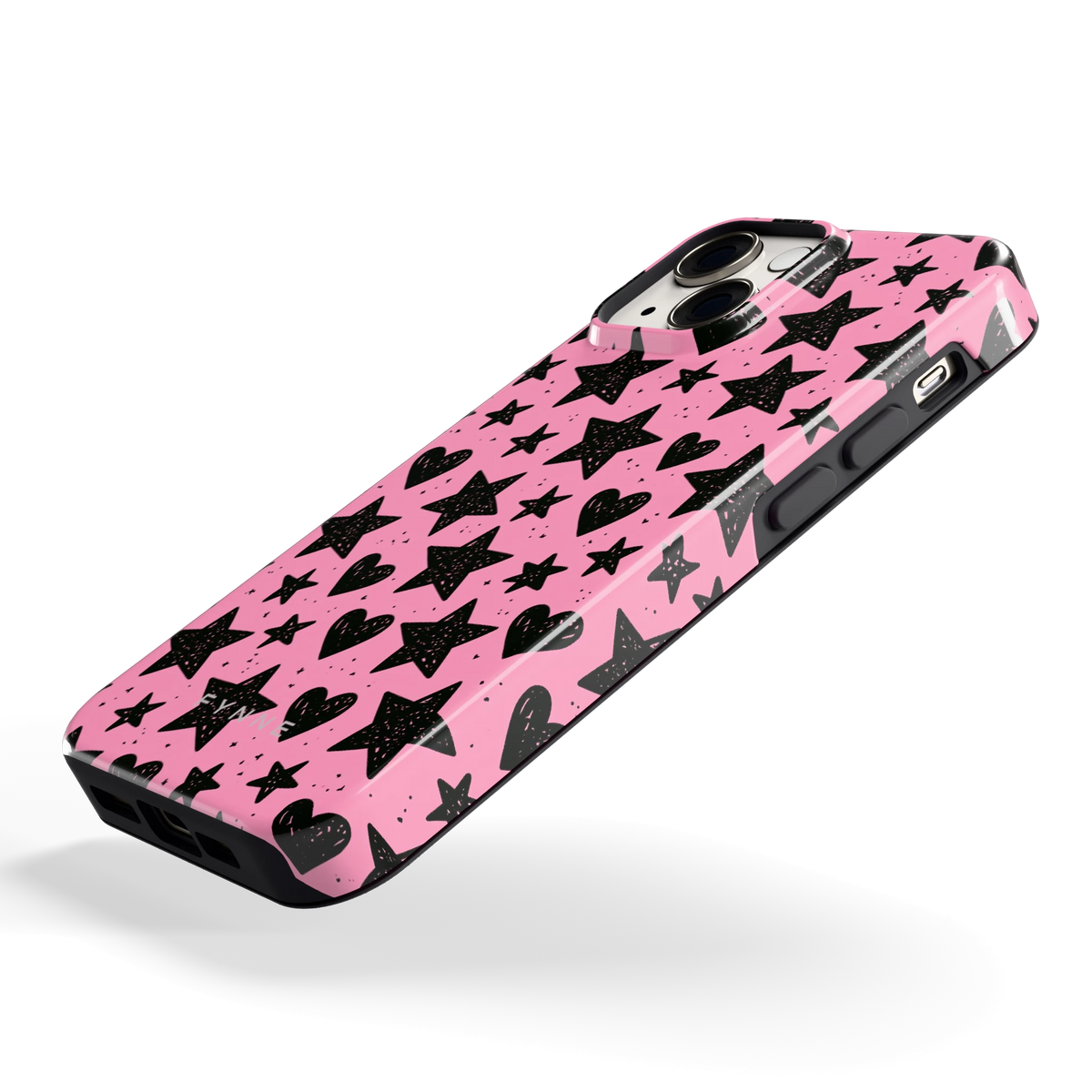 Zwarte sterren en hartjes hoesje voor iPhone 13 mini, schuin