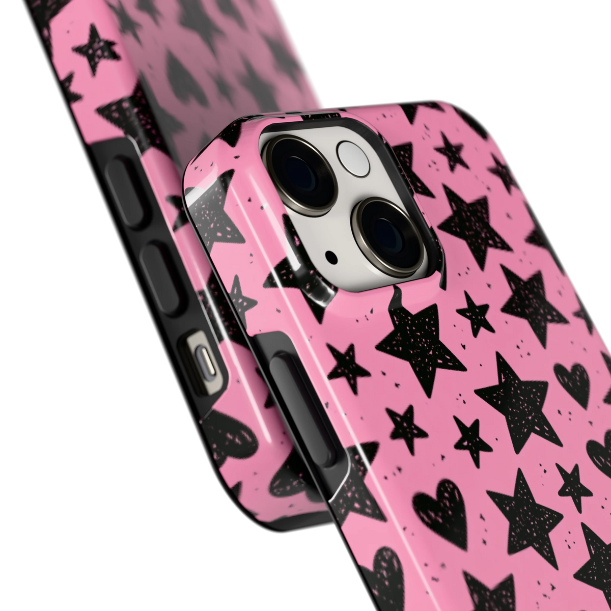 Zwarte sterren en hartjes hoesje voor iPhone 13 mini, close-up