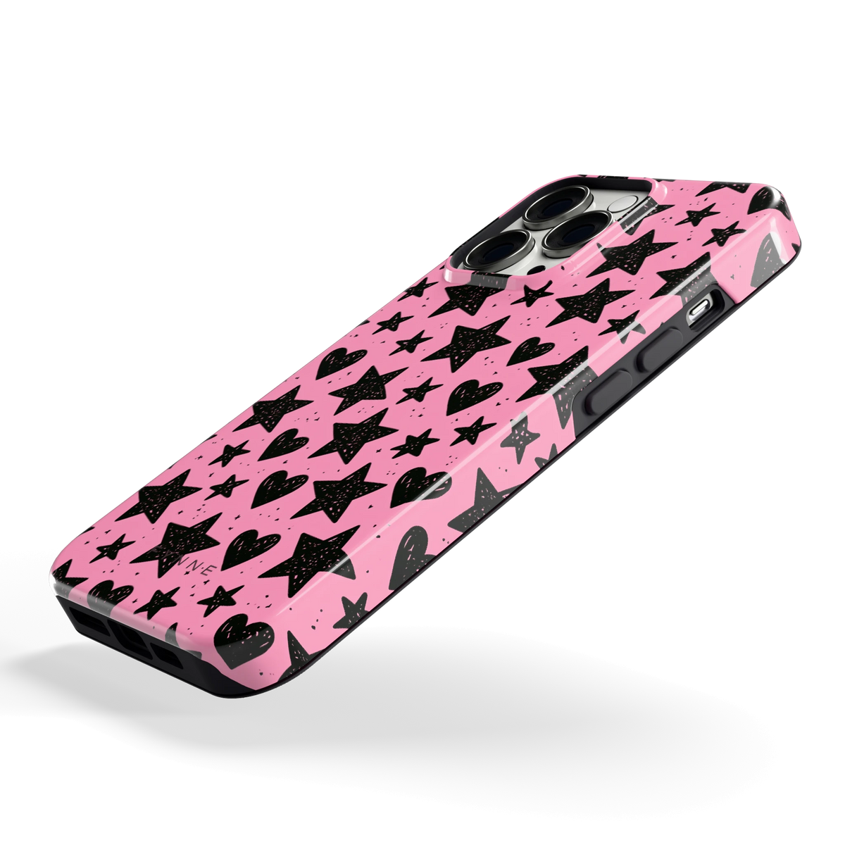 Zwarte sterren en hartjes hoesje voor iPhone 13 Pro, schuin