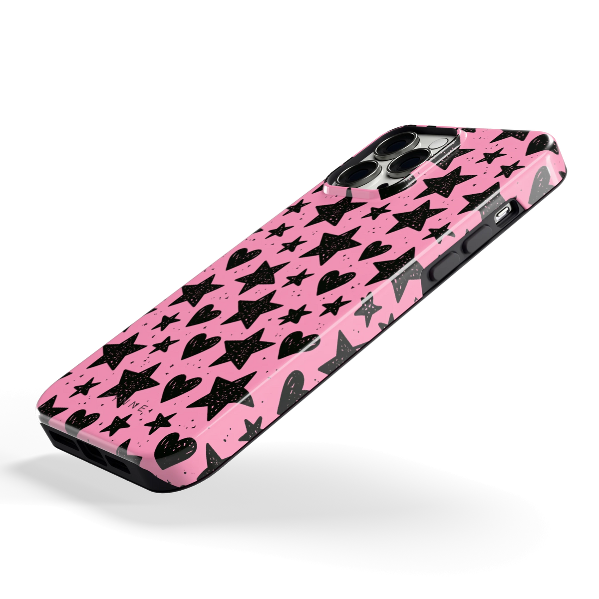 Zwarte sterren en hartjes hoesje voor iPhone 13 Pro Max, schuin