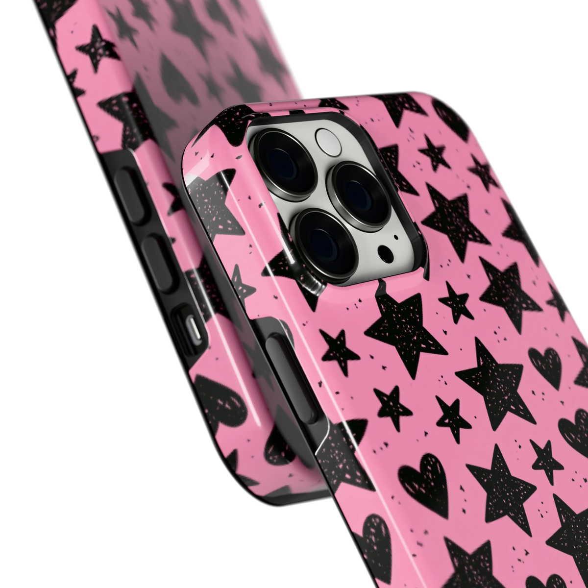Zwarte sterren en hartjes hoesje voor iPhone 13 Pro Max, close-up