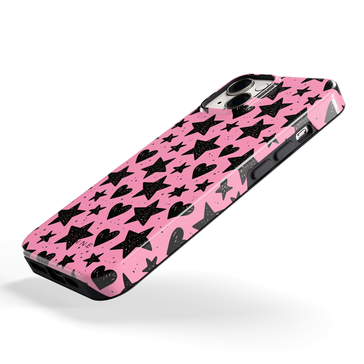 Zwarte sterren en hartjes hoesje voor iPhone 14, schuin