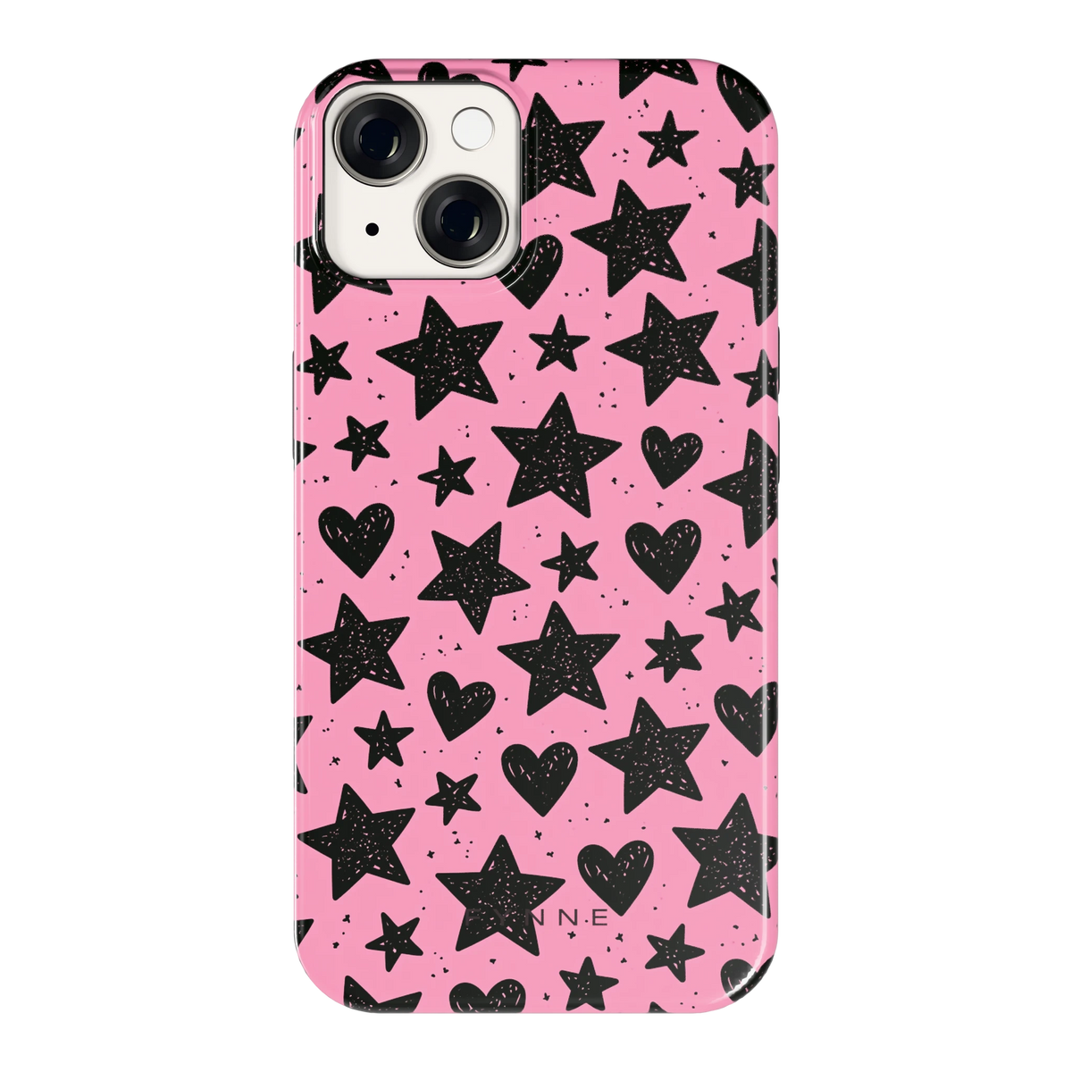 Zwarte sterren en hartjes hoesje voor iPhone 14, achterkant