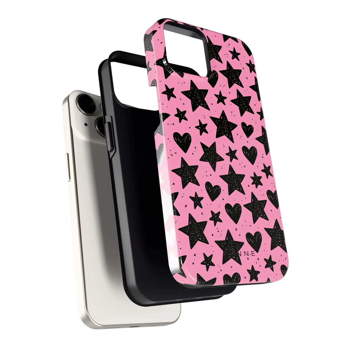 Zwarte sterren en hartjes hoesje voor iPhone 14, los van de telefoon