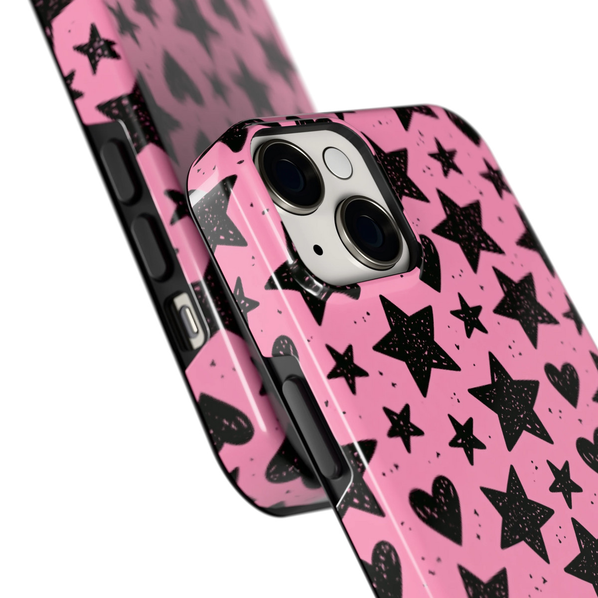 Zwarte sterren en hartjes hoesje voor iPhone 14, close-up