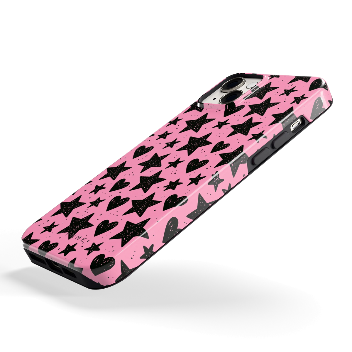 Zwarte sterren en hartjes hoesje voor iPhone 14 Plus, schuin