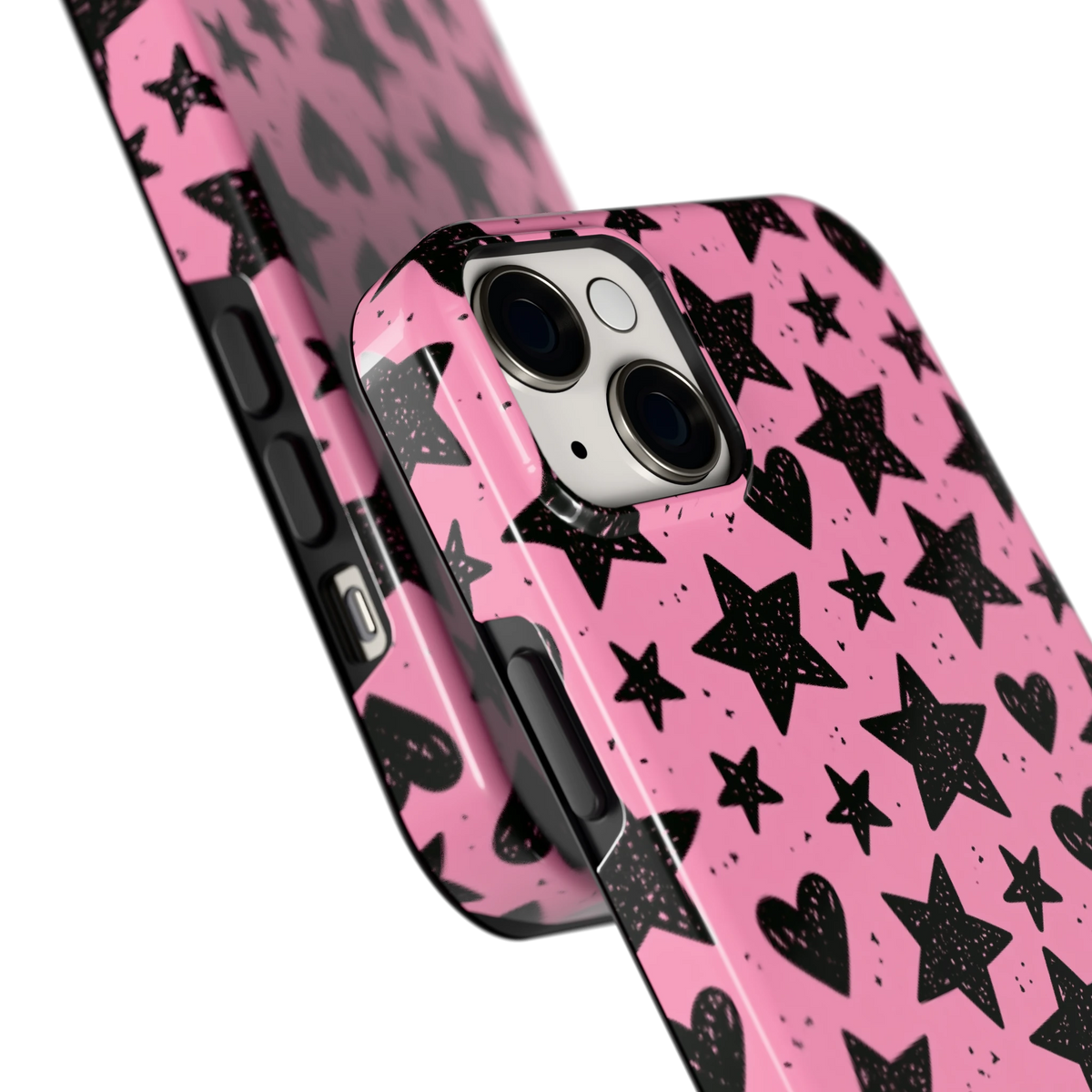 Zwarte sterren en hartjes hoesje voor iPhone 14 Plus, close-up
