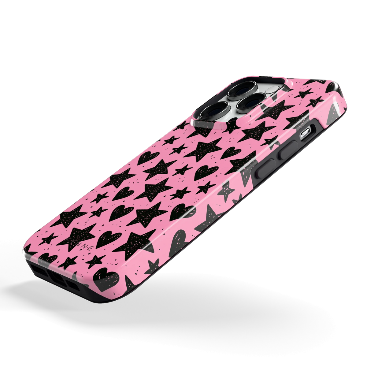 Zwarte sterren en hartjes hoesje voor iPhone 14 Pro, schuin