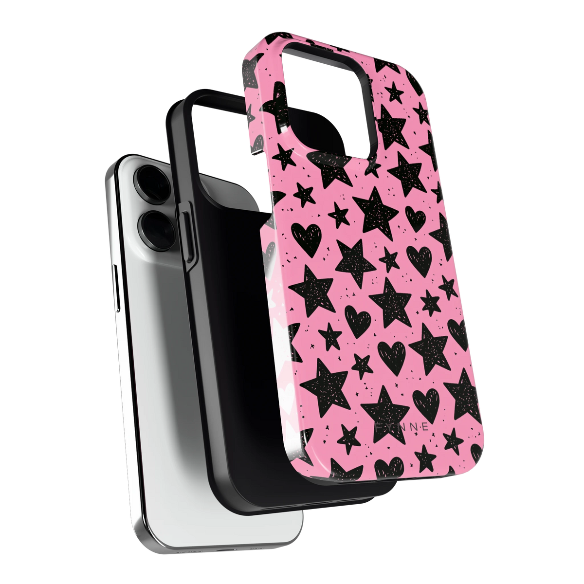 Zwarte sterren en hartjes hoesje voor iPhone 14 Pro, los van de telefoon