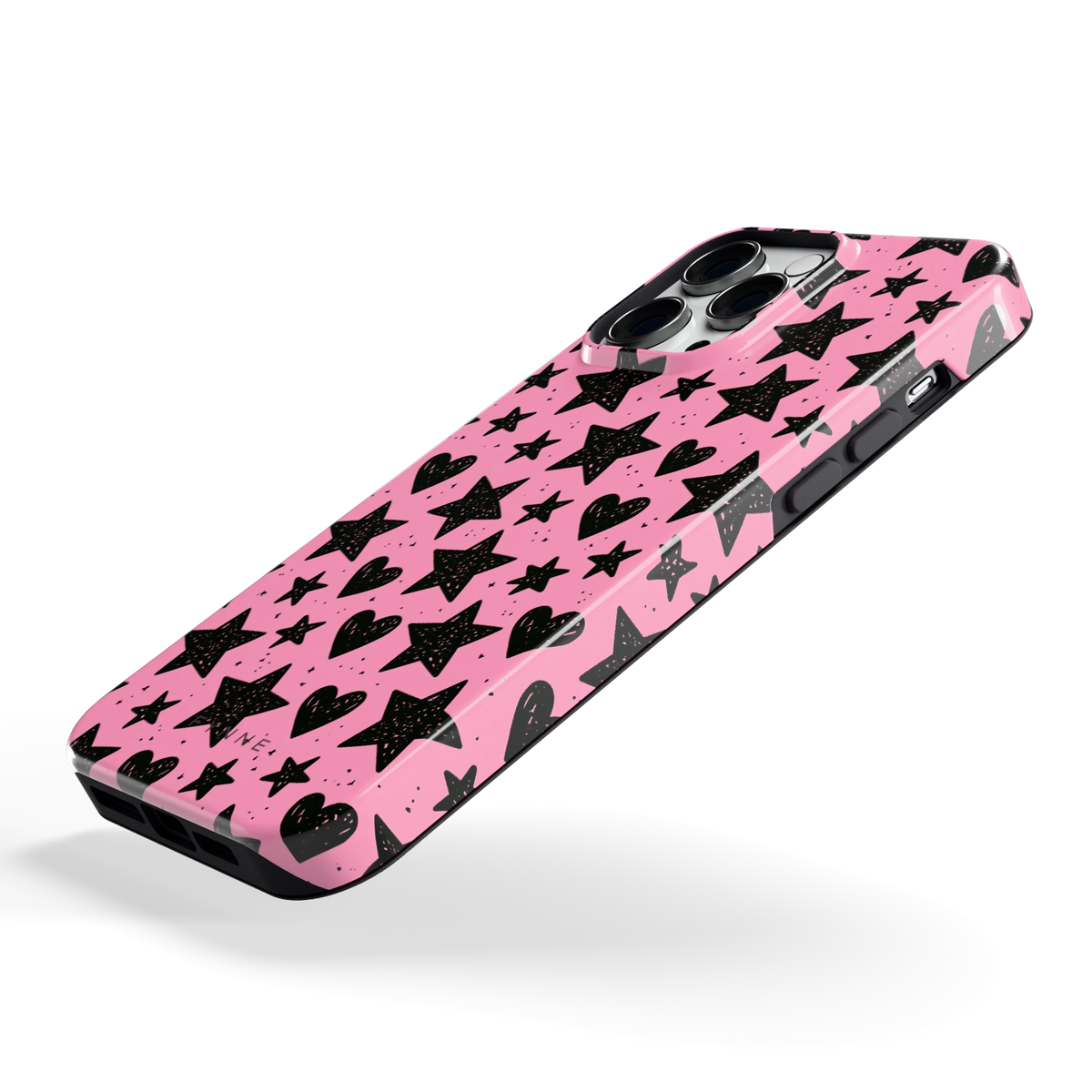 Zwarte sterren en hartjes hoesje voor iPhone 14 Pro Max, schuin