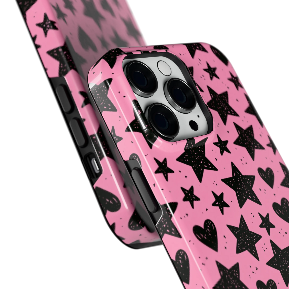 Zwarte sterren en hartjes hoesje voor iPhone 14 Pro Max, close-up