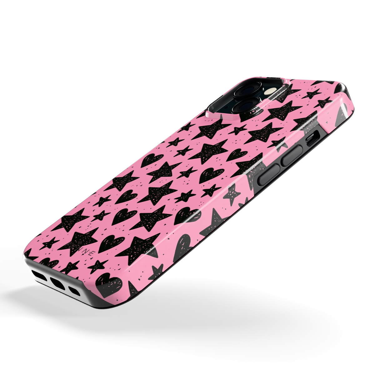 Zwarte sterren en hartjes hoesje voor iPhone 15, schuin