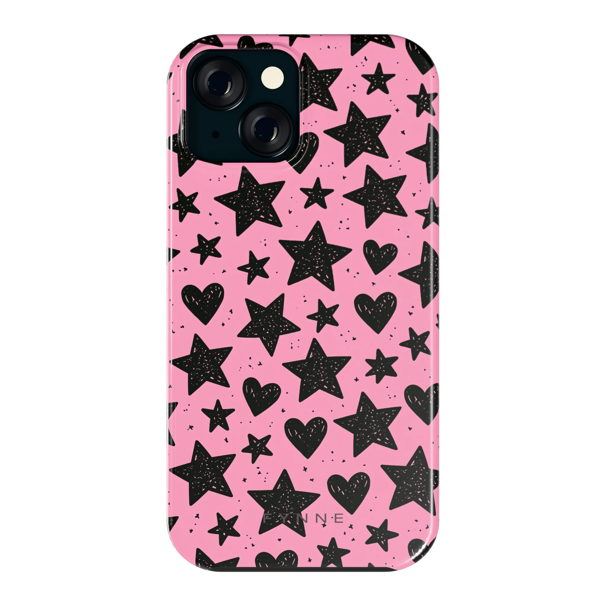 Zwarte sterren en hartjes hoesje voor iPhone 15, achterkant