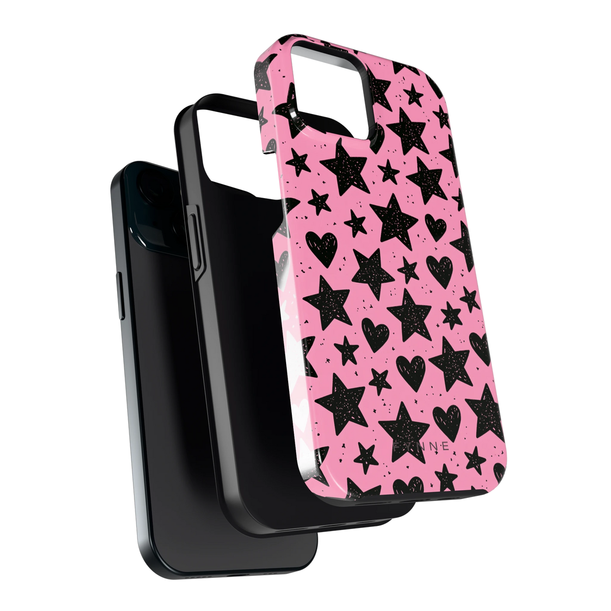 Zwarte sterren en hartjes hoesje voor iPhone 15, los van de telefoon