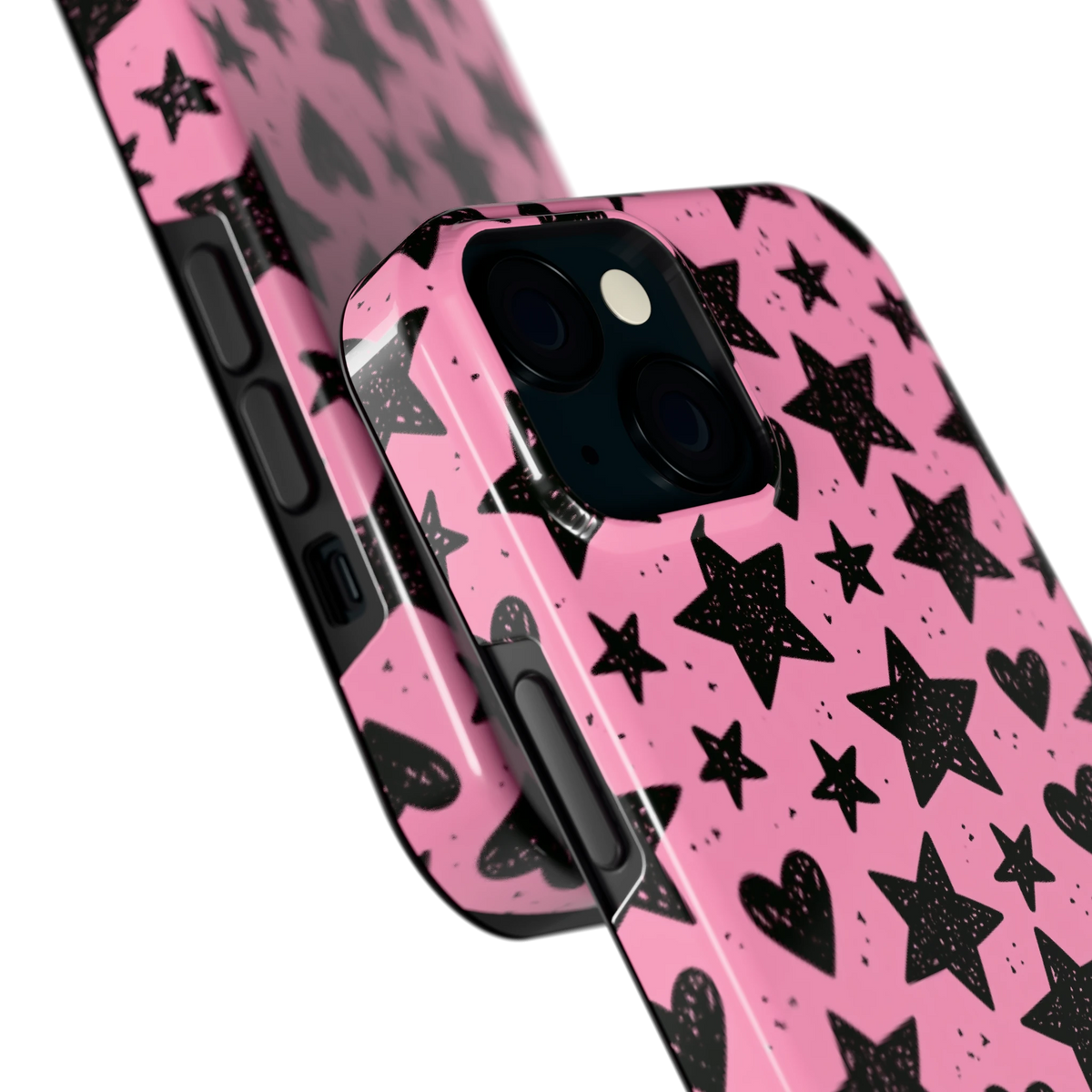 Zwarte sterren en hartjes hoesje voor iPhone 15, close-up