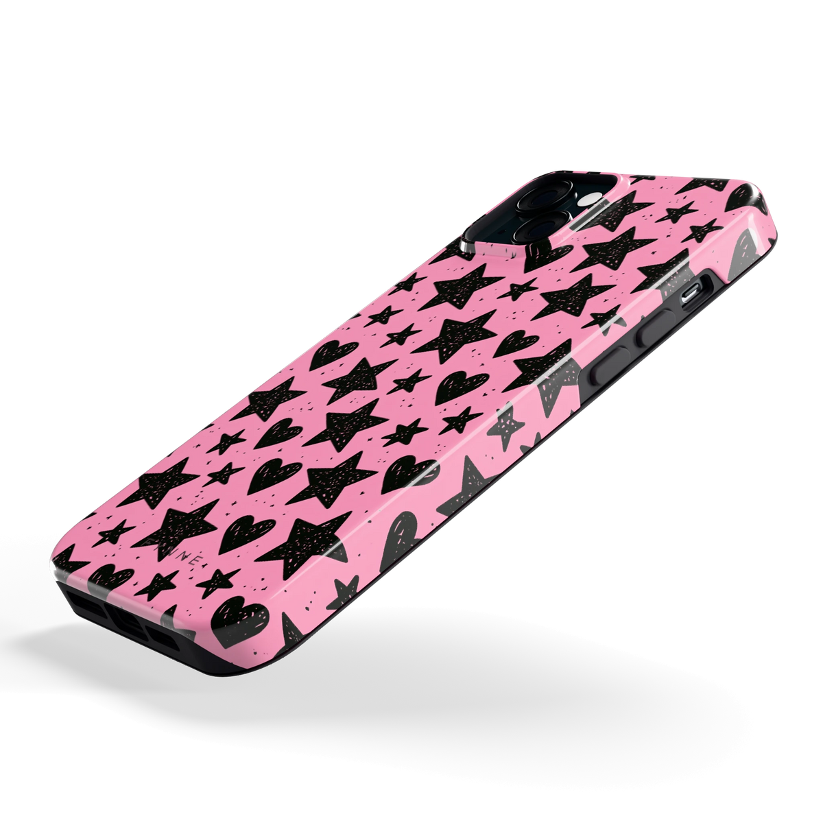 Zwarte sterren en hartjes hoesje voor iPhone 15 Plus, schuin