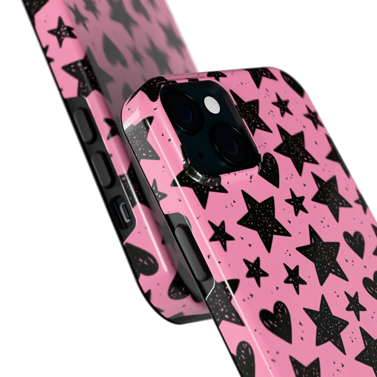 Zwarte sterren en hartjes hoesje voor iPhone 15 Plus, close-up
