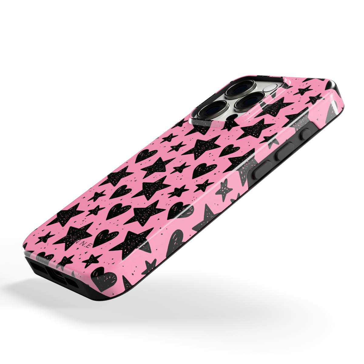 Zwarte sterren en hartjes hoesje voor iPhone 15 Pro, schuin