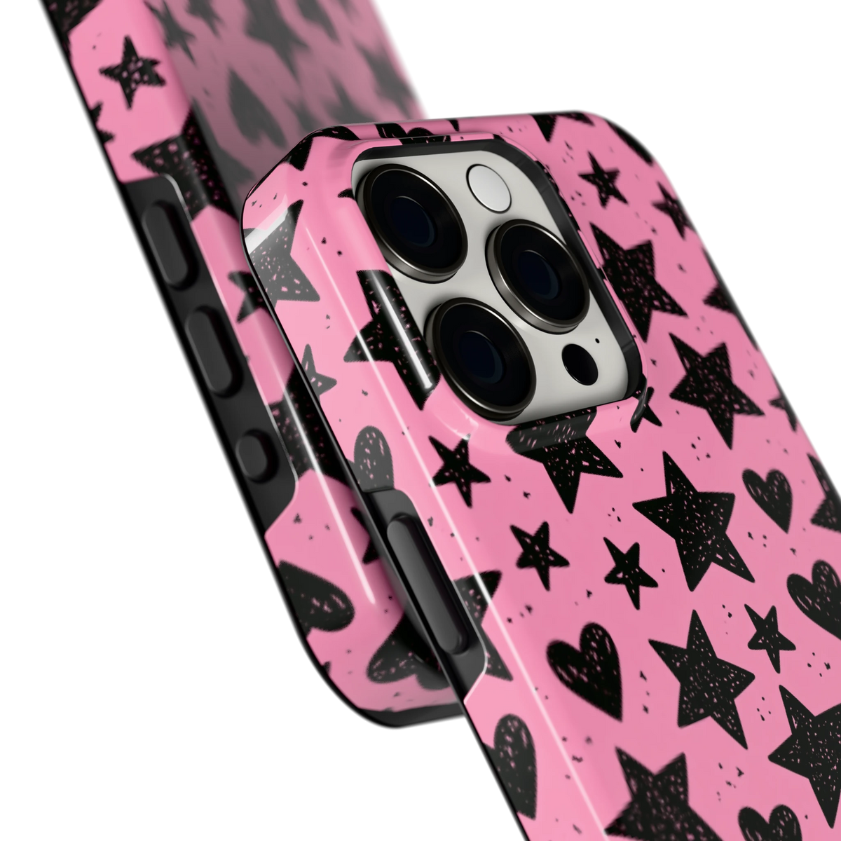 Zwarte sterren en hartjes hoesje voor iPhone 15 Pro, close-up