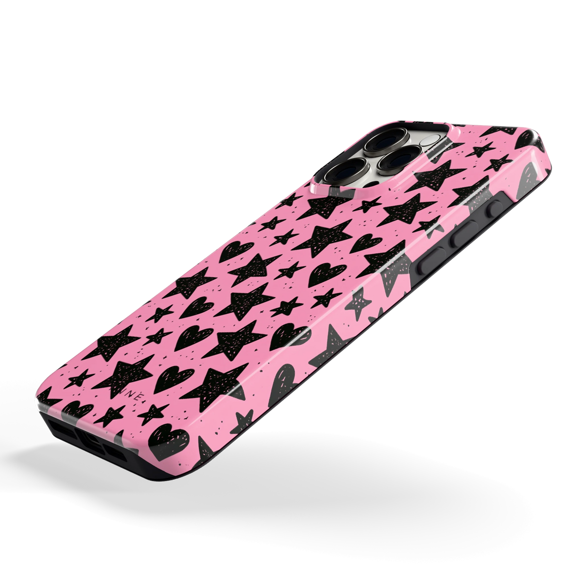 Zwarte sterren en hartjes hoesje voor iPhone 15 Pro Max, schuin