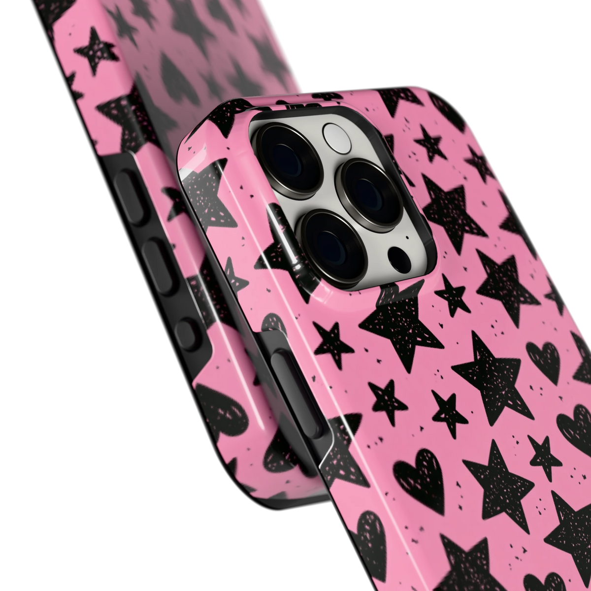 Zwarte sterren en hartjes hoesje voor iPhone 15 Pro Max, close-up
