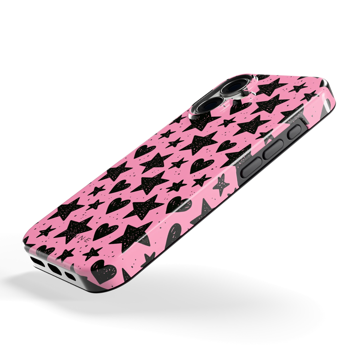 Zwarte sterren en hartjes hoesje voor iPhone 16, schuin