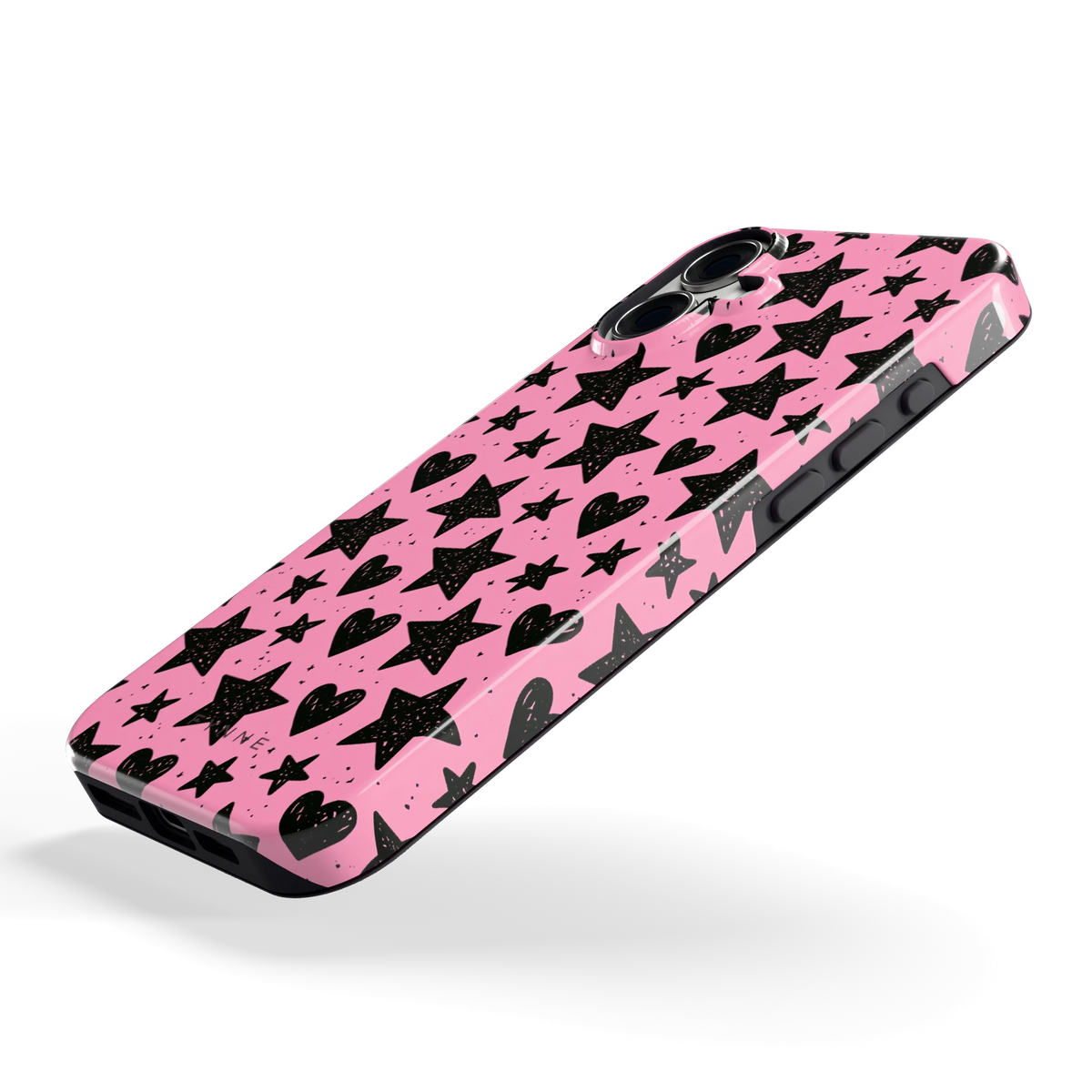 Zwarte sterren en hartjes hoesje voor iPhone 16 Plus, schuin