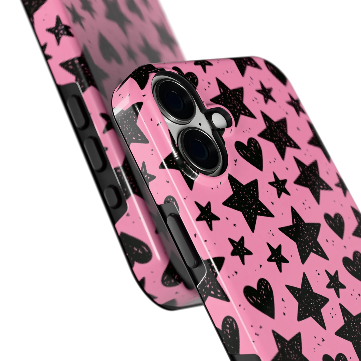 Zwarte sterren en hartjes hoesje voor iPhone 16 Plus, close-up