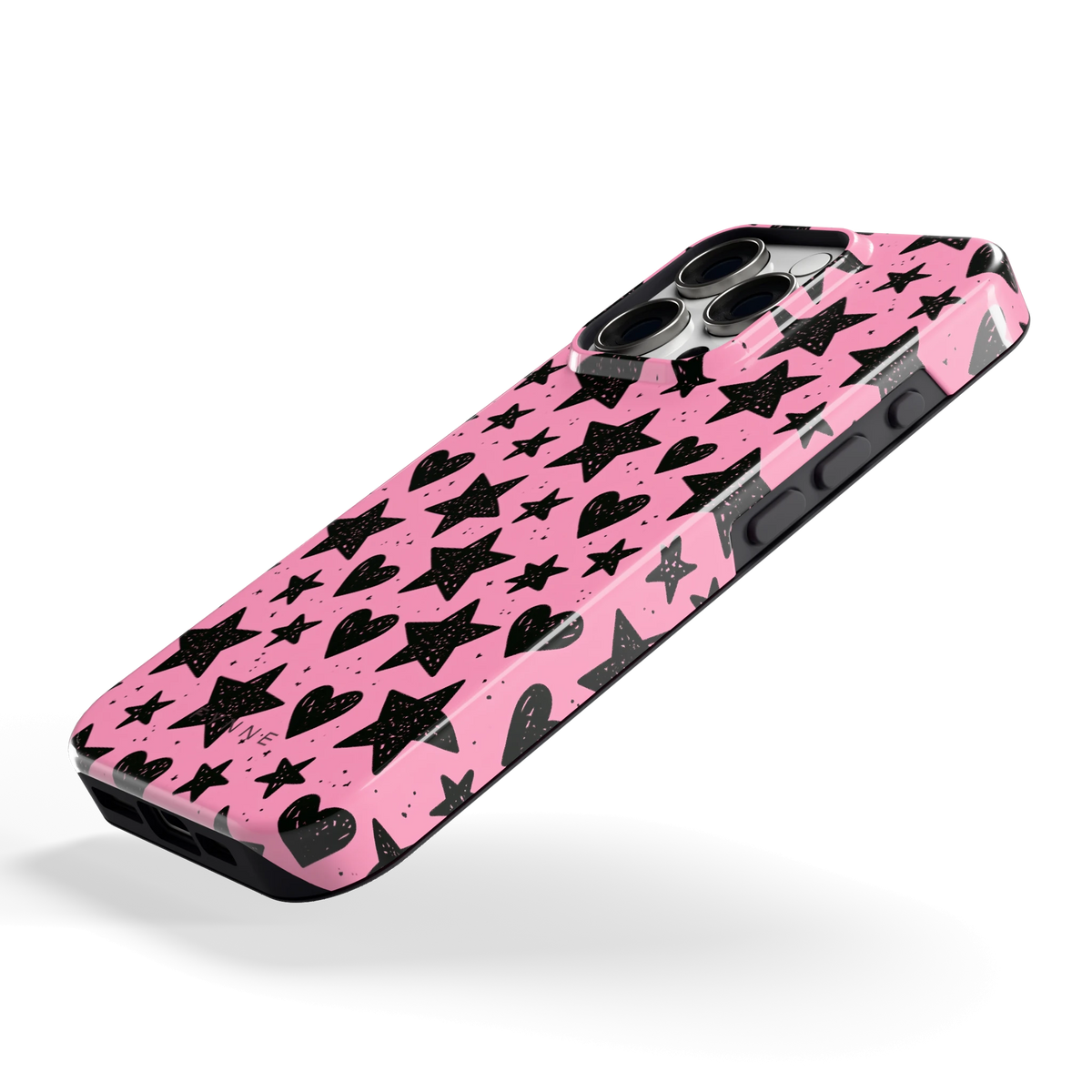 Zwarte sterren en hartjes hoesje voor iPhone 16 Pro, schuin