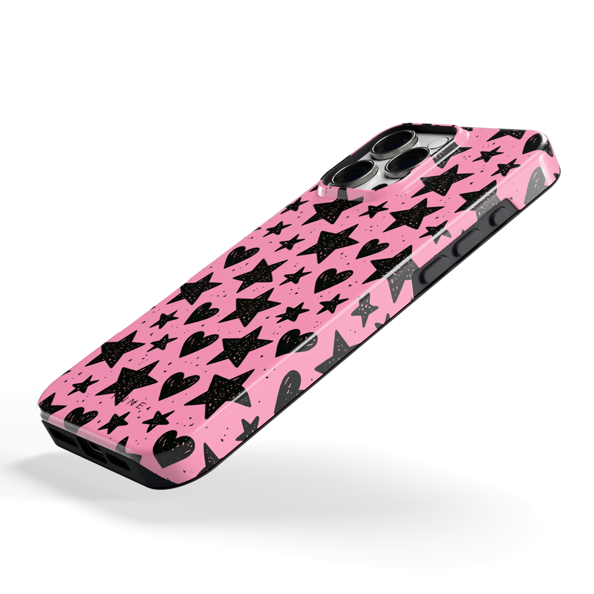 Zwarte sterren en hartjes hoesje voor iPhone 16 Pro Max, schuin