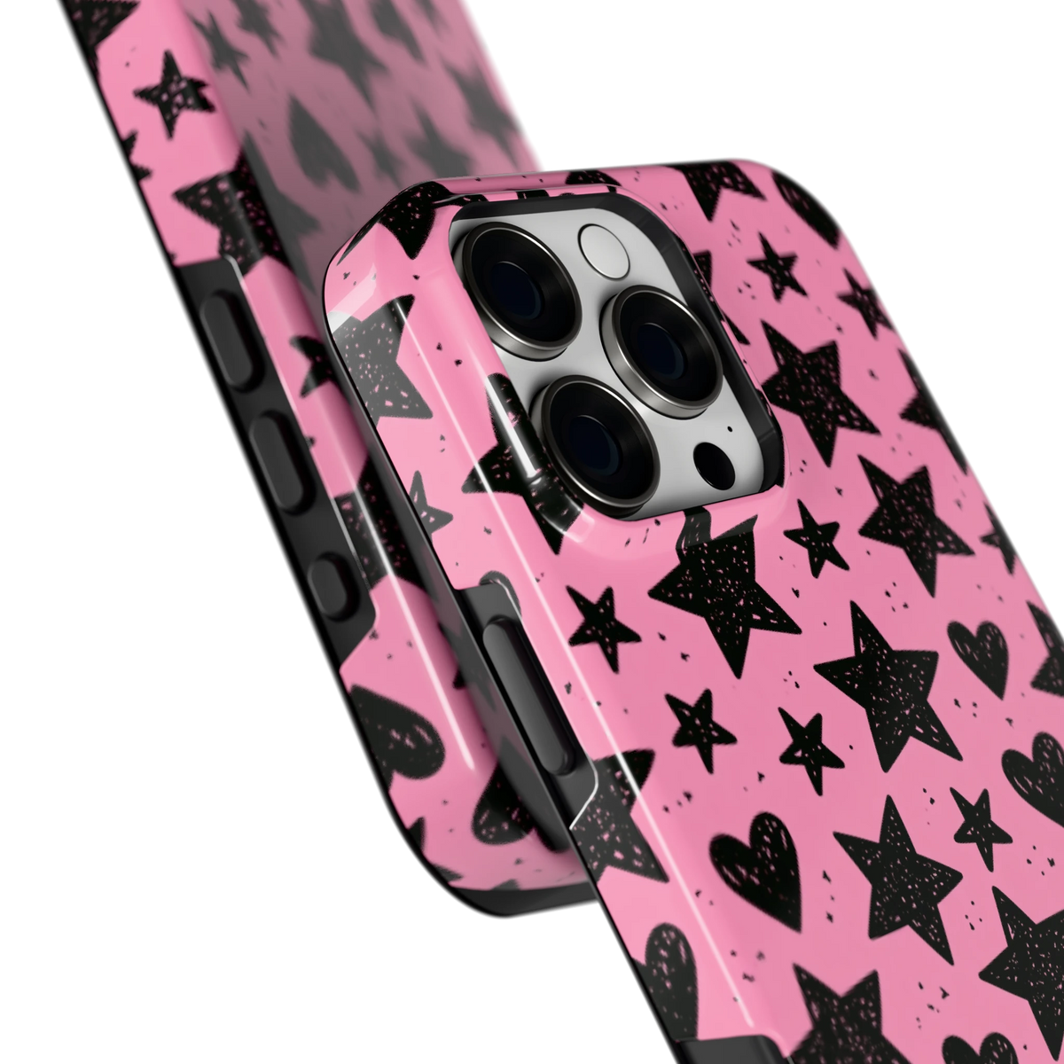 Zwarte sterren en hartjes hoesje voor iPhone 16 Pro Max, close-up