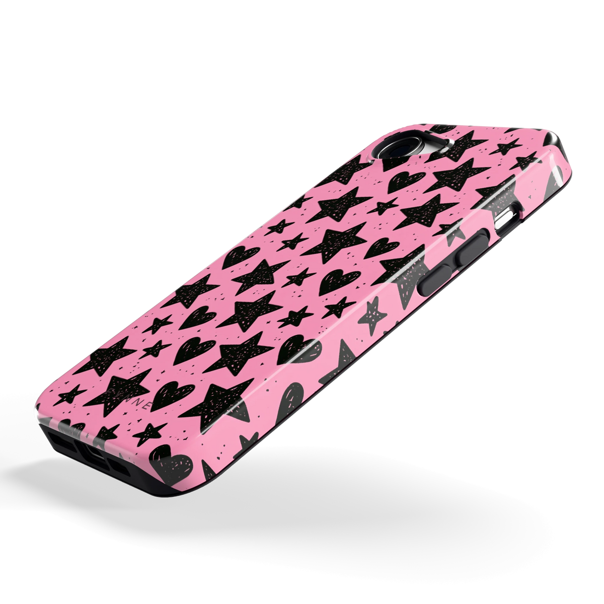 Zwarte sterren en hartjes hoesje voor iPhone 16e, schuin