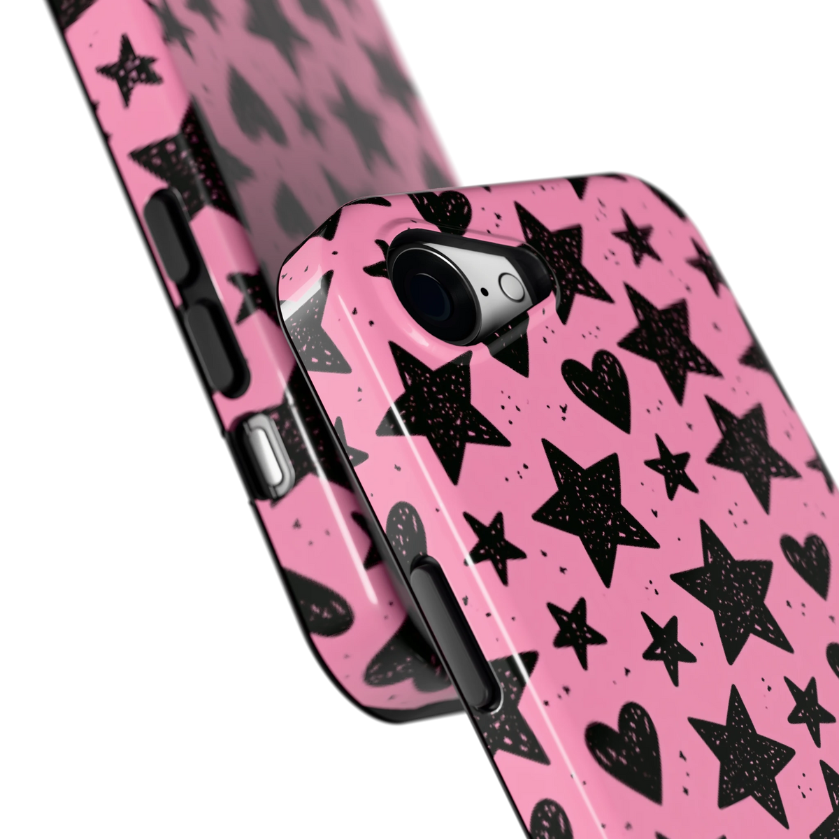 Zwarte sterren en hartjes hoesje voor iPhone 16e, close-up