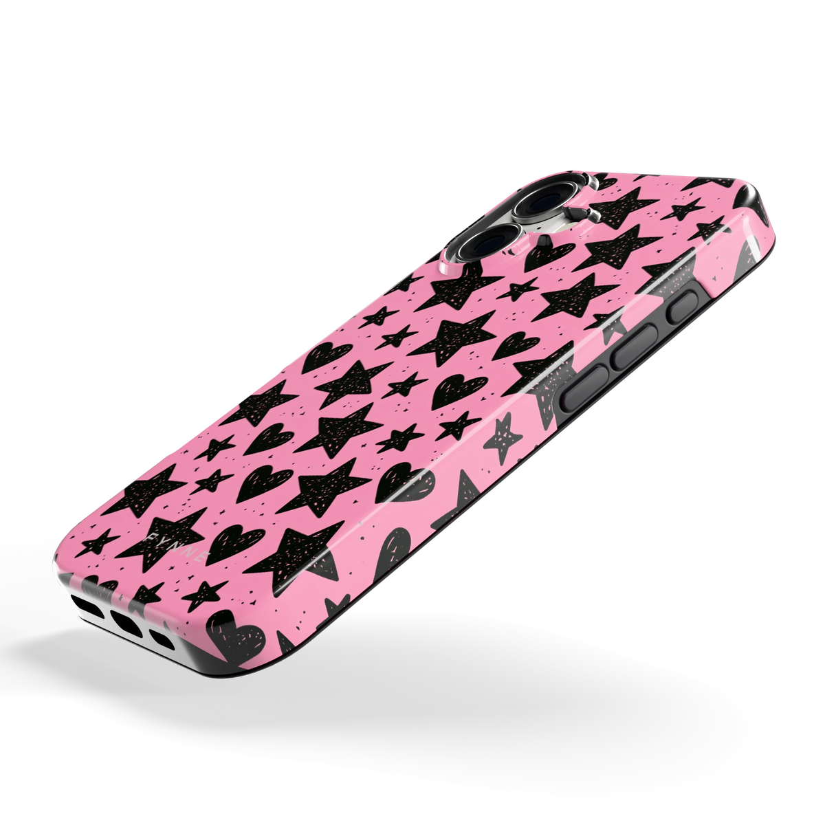 Zwarte sterren en hartjes hoesje voor iPhone 17, schuin