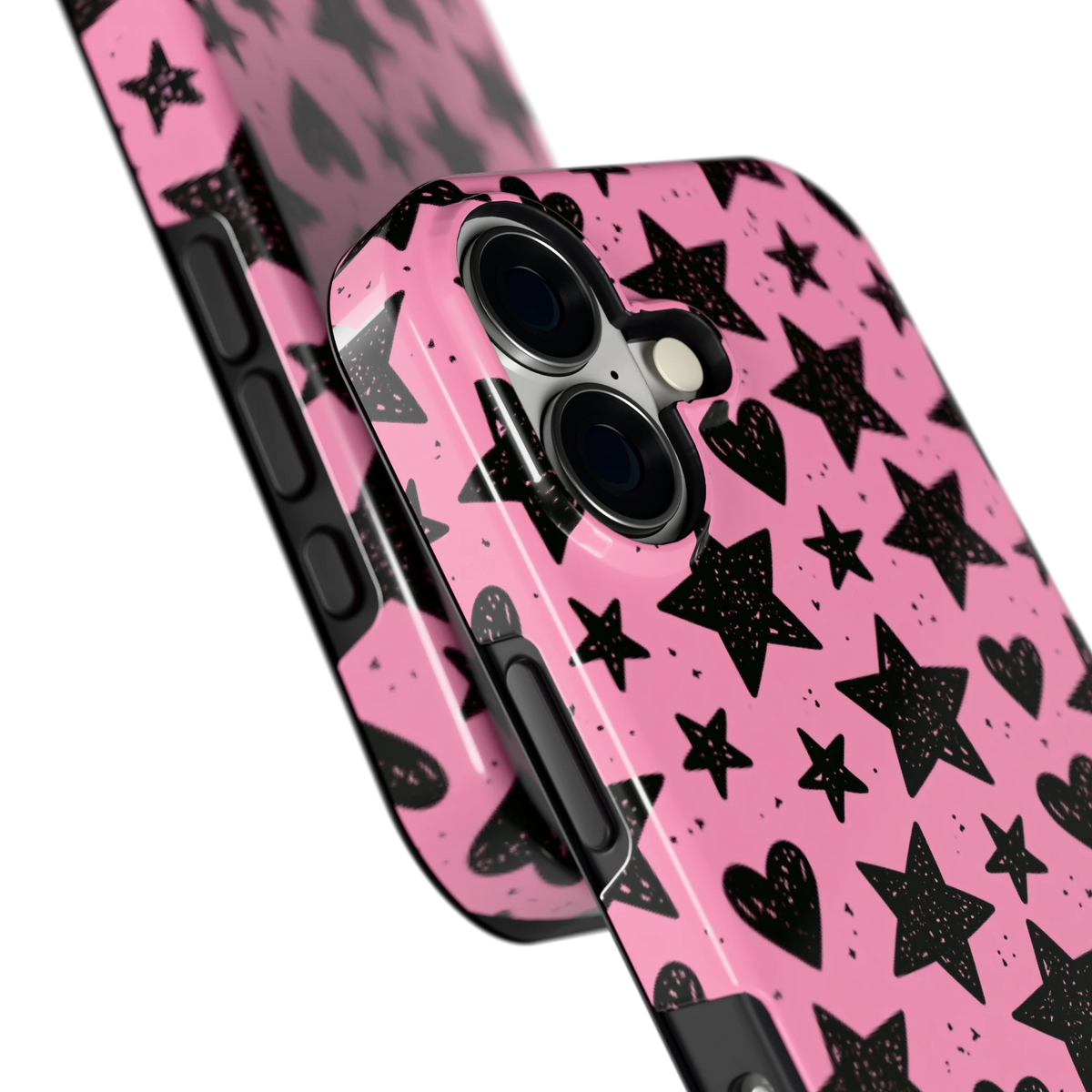 Zwarte sterren en hartjes hoesje voor iPhone 17, close-up