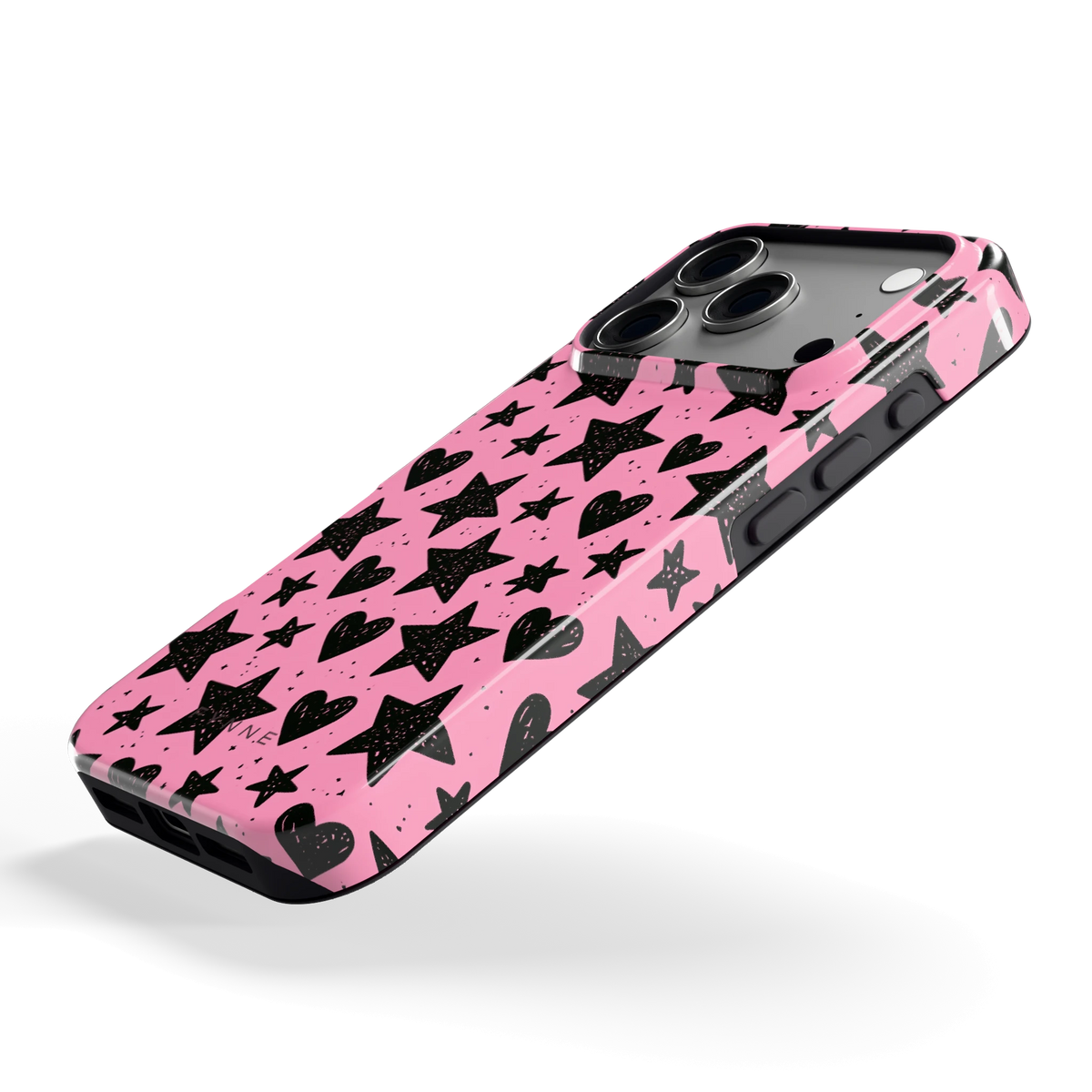 Zwarte sterren en hartjes hoesje voor iPhone 17 Pro, schuin
