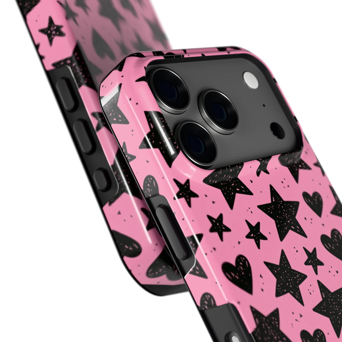 Zwarte sterren en hartjes hoesje voor iPhone 17 Pro, close-up