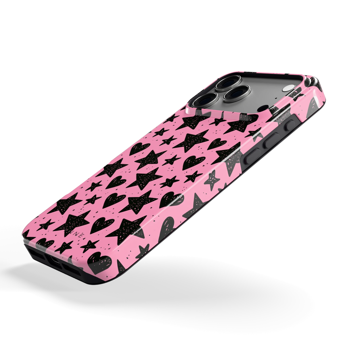Zwarte sterren en hartjes hoesje voor iPhone 17 Pro Max, schuin